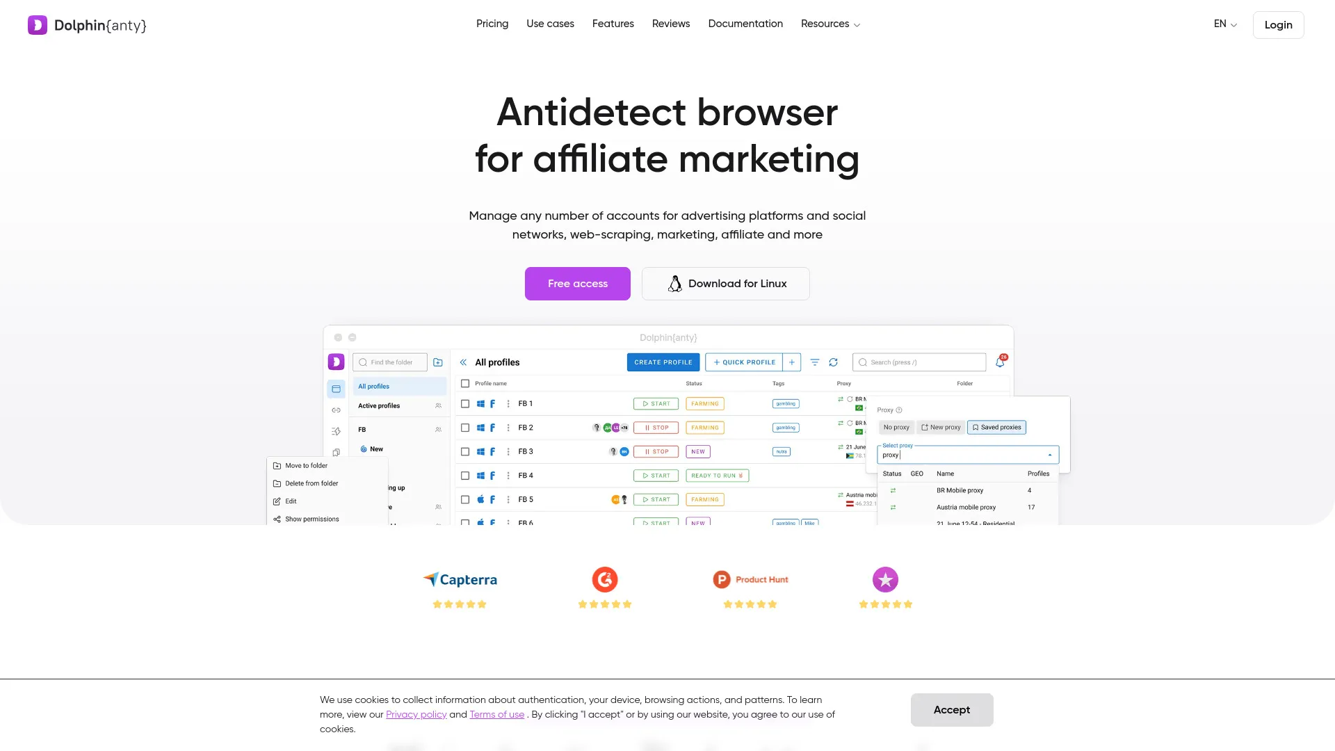 Dolphin Anty– Браузер с функцией защиты от обнаружения, оптимизированный для кампаний в социальных сетях.